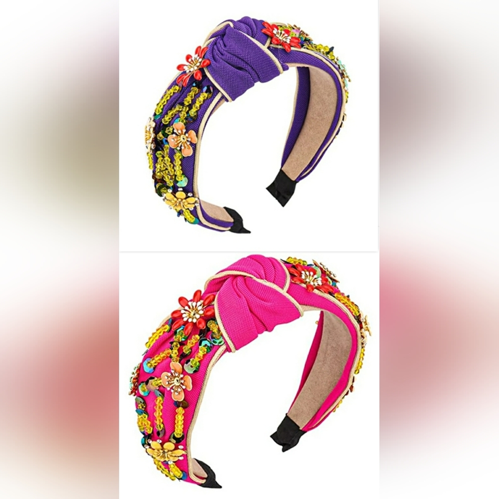 Rhinestone Crystal Beaded Knotted Headbands | 2 Pack Lot | Rose Red + Purple